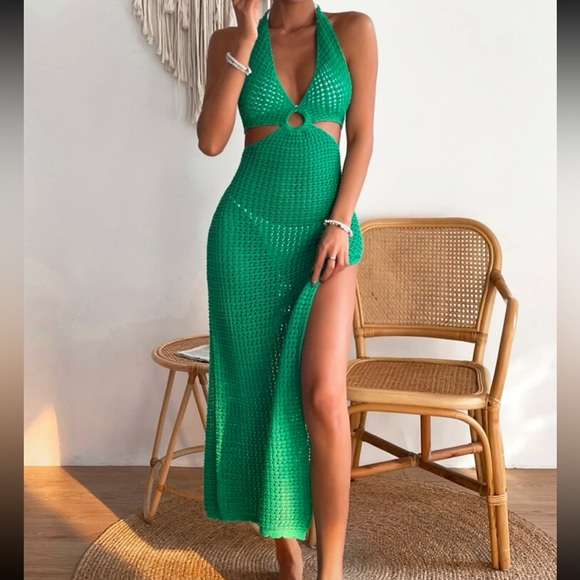 green emerald velvet dress Dark Green Crochet Cutout Mini Dress